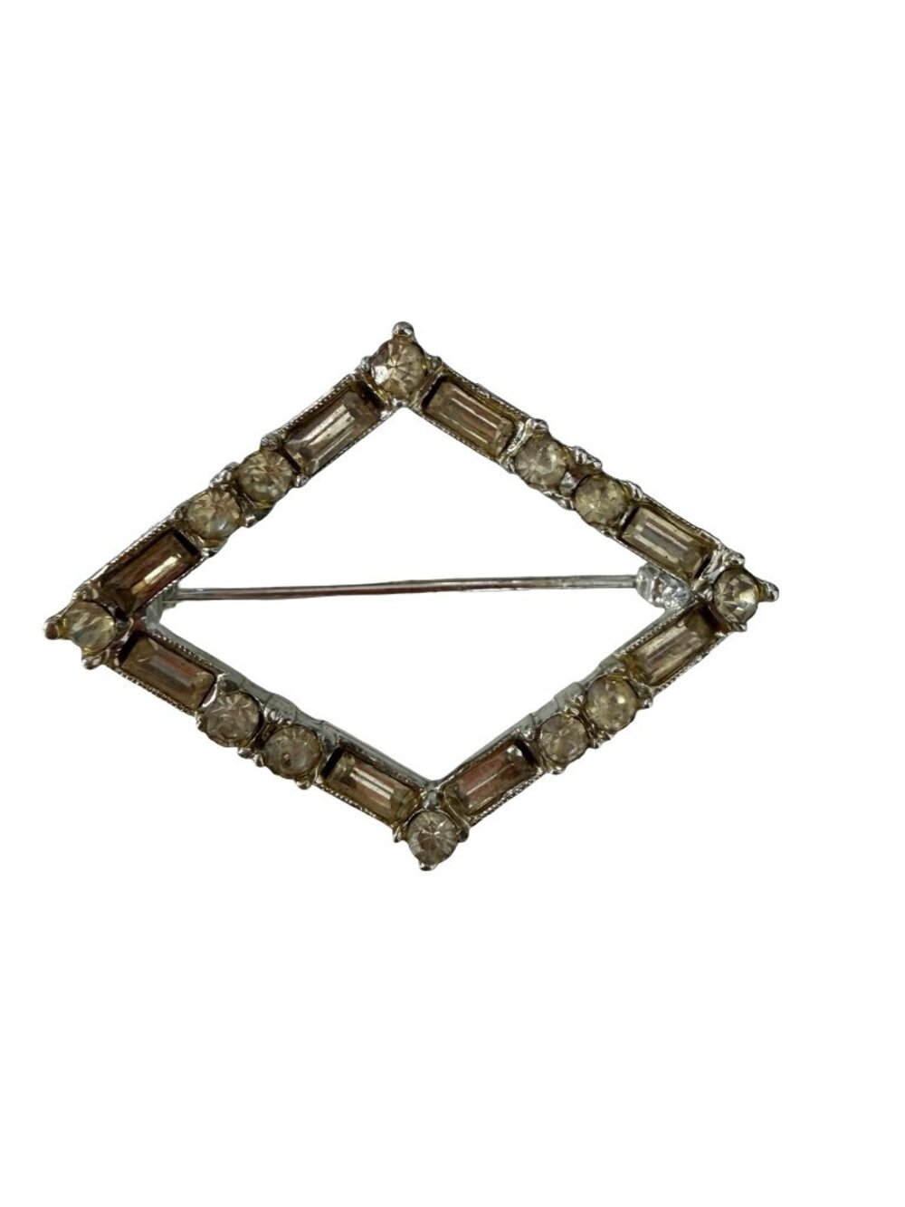 Vintage Art Deco Style Rhinestone Open Diamond Brooch Silver Tone Geometric Pin